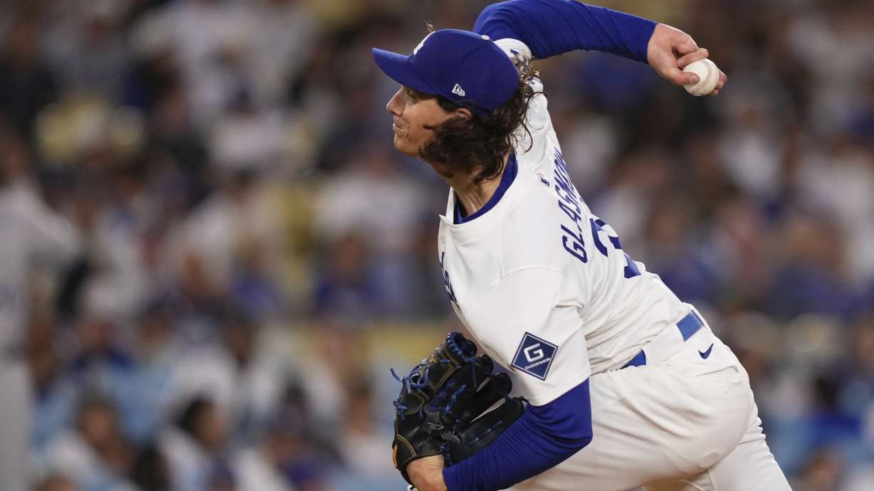 Los Angeles Dodgers starting pitcher Tyler Glasnow throws to the plate during the first inning of a baseball game against the Colorado Rockies, Monday, Sept. 8, 2025, in Los Angeles.