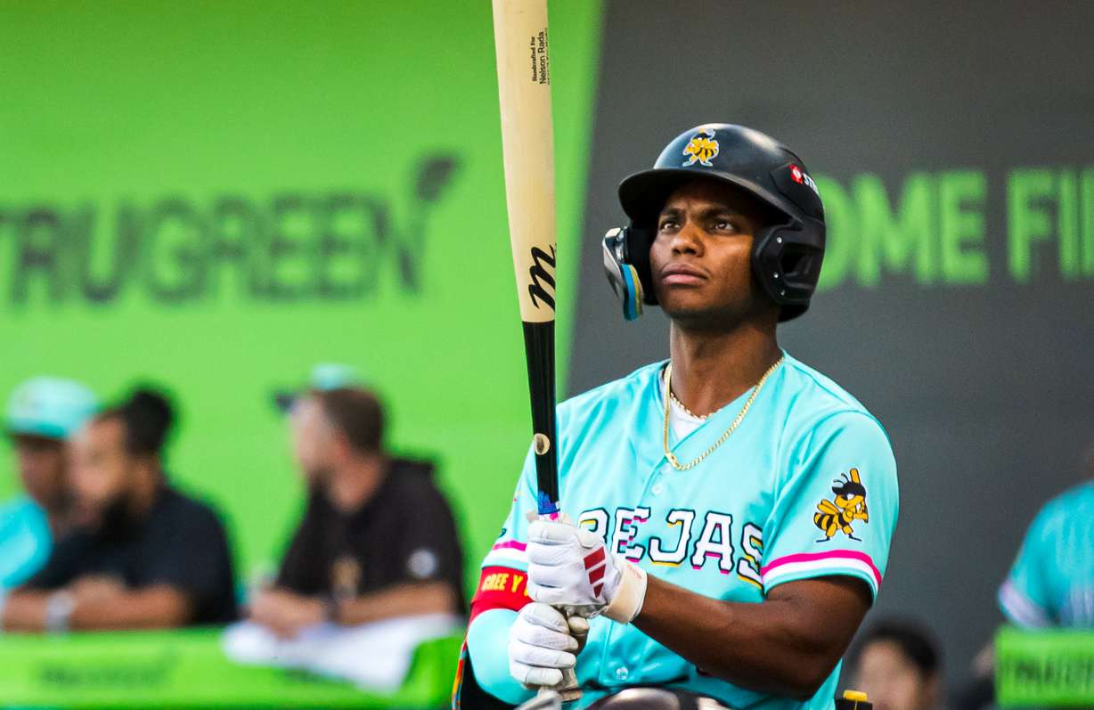 Salt Lake Bees outfielder Nelson Rada steps up to the plate for an at-bat during a game between the Bees and El Paso Chihuahuas at The Ballpark at America First Square in South Jordan on Sept. 6, 2025. Rada, just 20, is the Angels' top hitting prospect.