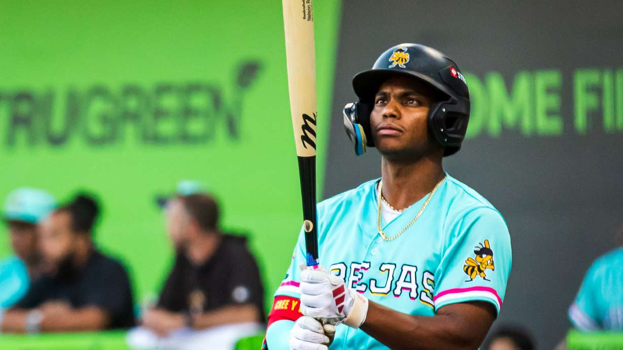 Salt Lake Bees outfielder Nelson Rada steps up to the plate for an at-bat during a game between the Bees and El Paso Chihuahuas at The Ballpark at America First Square in South Jordan on Saturday, Sept. 6, 2025.