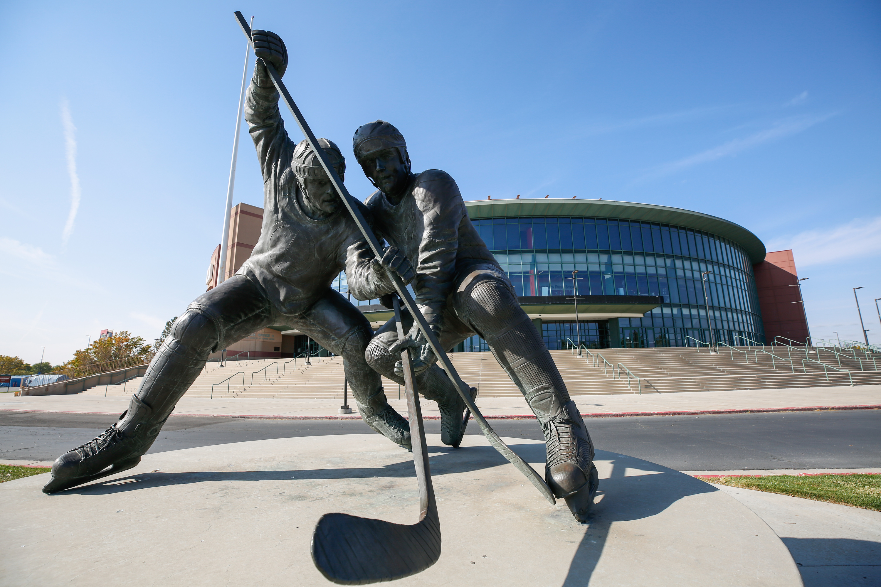 A sculpture of hockey players at the Maverik Center in West Valley City is pictured on Thursday, Oct. 8, 2020.