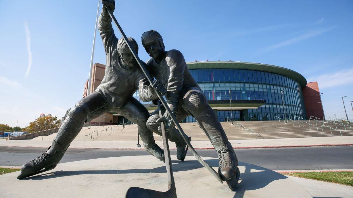 A sculpture of hockey players at the Maverik Center in West Valley City is pictured on Thursday, Oct. 8, 2020.