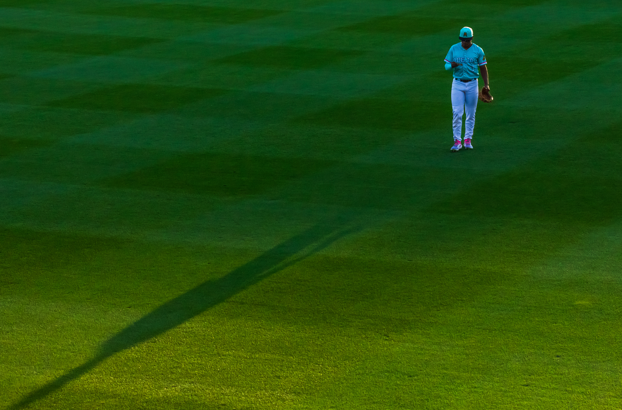Salt Lake Bees outfielder Nelson Rada reads a defensive scouting report while in the outfield during a game between the Bees and El Paso Chihuahuas at The Ballpark at America First Square in South Jordan on Saturday, Sept. 6, 2025.