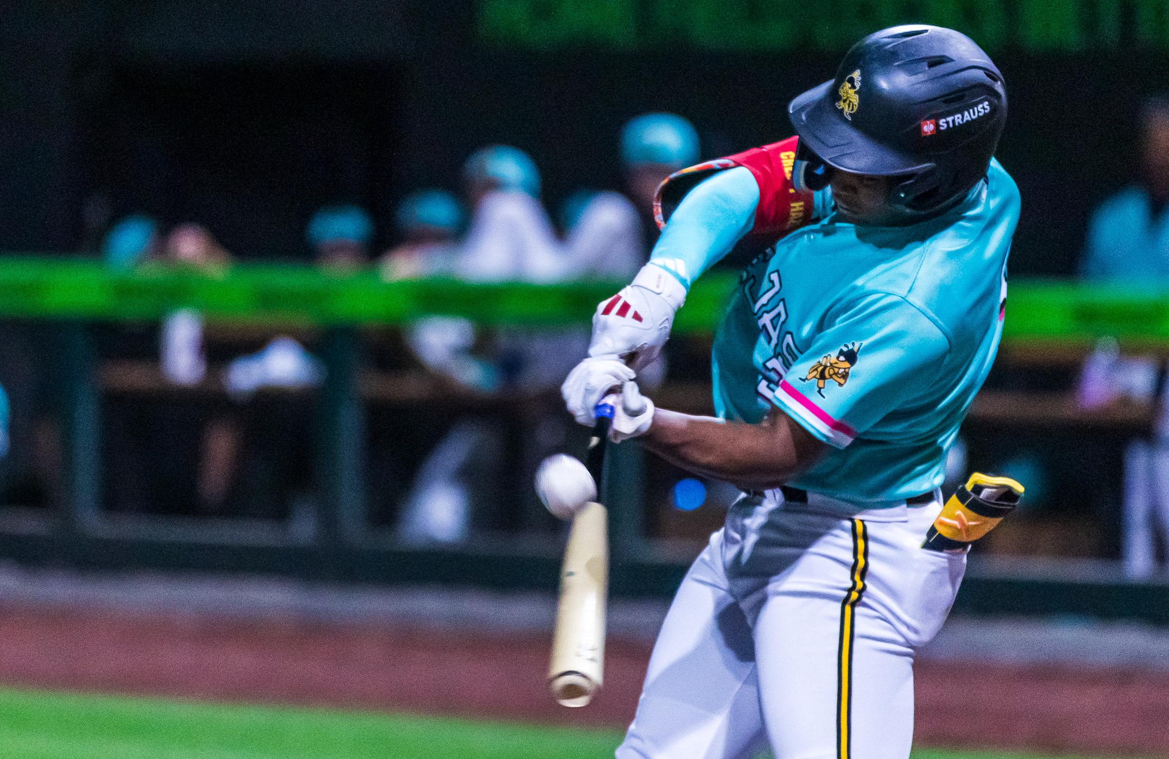 Salt Lake Bees outfielder Nelson Rada swings at a pitch during a game between the Bees and El Paso Chihuahuas at The Ballpark at America First Square in South Jordan on Saturday, Sept. 6, 2025.