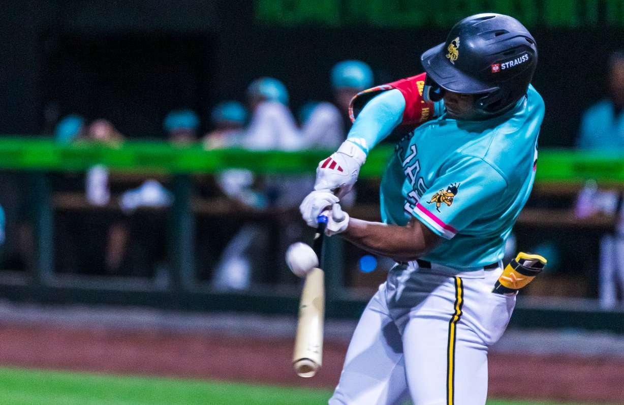 Salt Lake Bees outfielder Nelson Rada swings at a pitch during a game between the Bees and El Paso Chihuahuas at The Ballpark at America First Square in South Jordan on Saturday, Sept. 6, 2025.