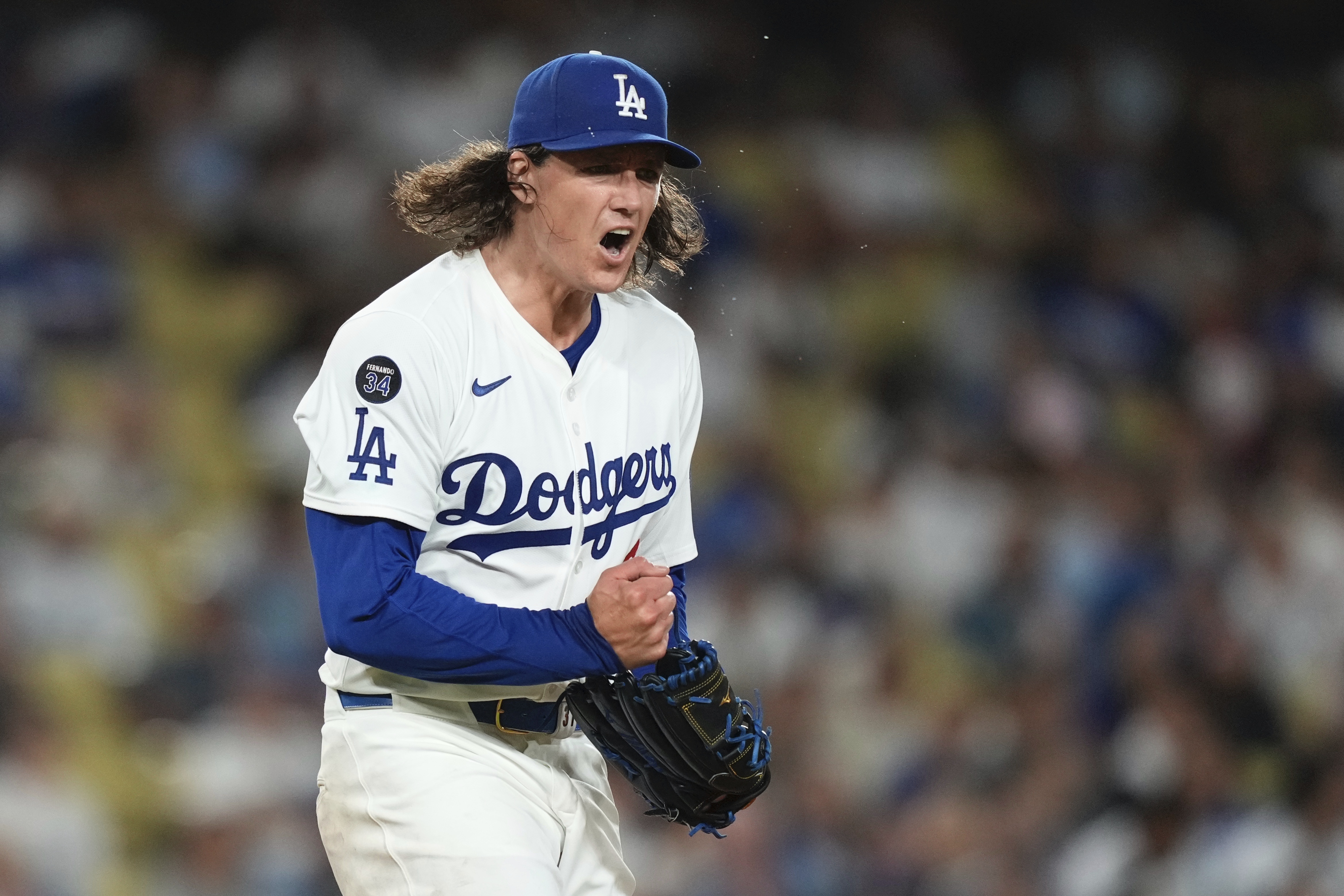 Los Angeles Dodgers starting pitcher Tyler Glasnow celebrates after striking out Colorado Rockies' Ezequiel Tovar to end the top of the seventh inning of a baseball game Monday, Sept. 8, 2025, in Los Angeles.