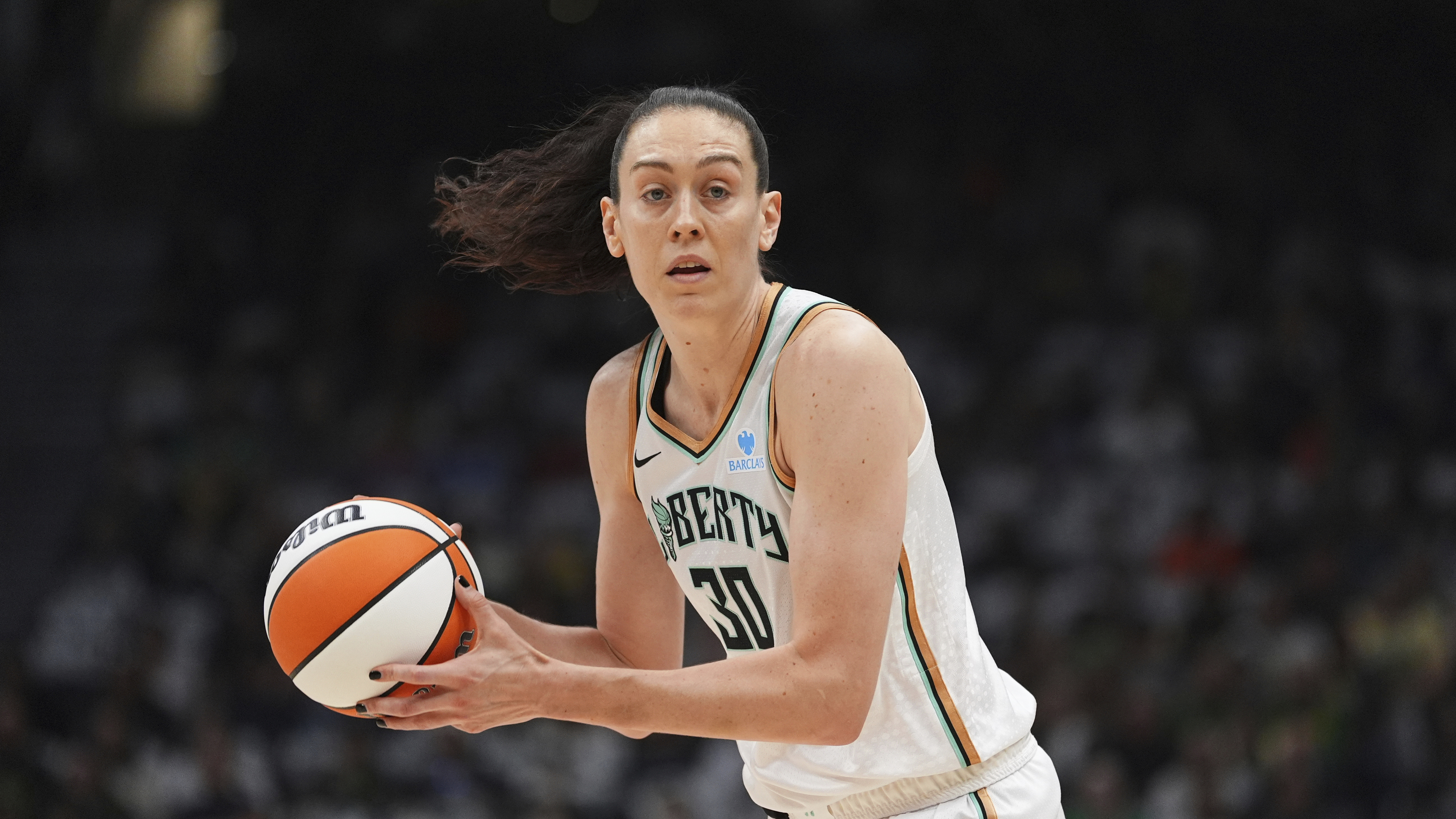 FILE - New York Liberty forward Breanna Stewart holds the ball during a WNBA basketball game against the Seattle Storm, June 22, 2025, in Seattle.