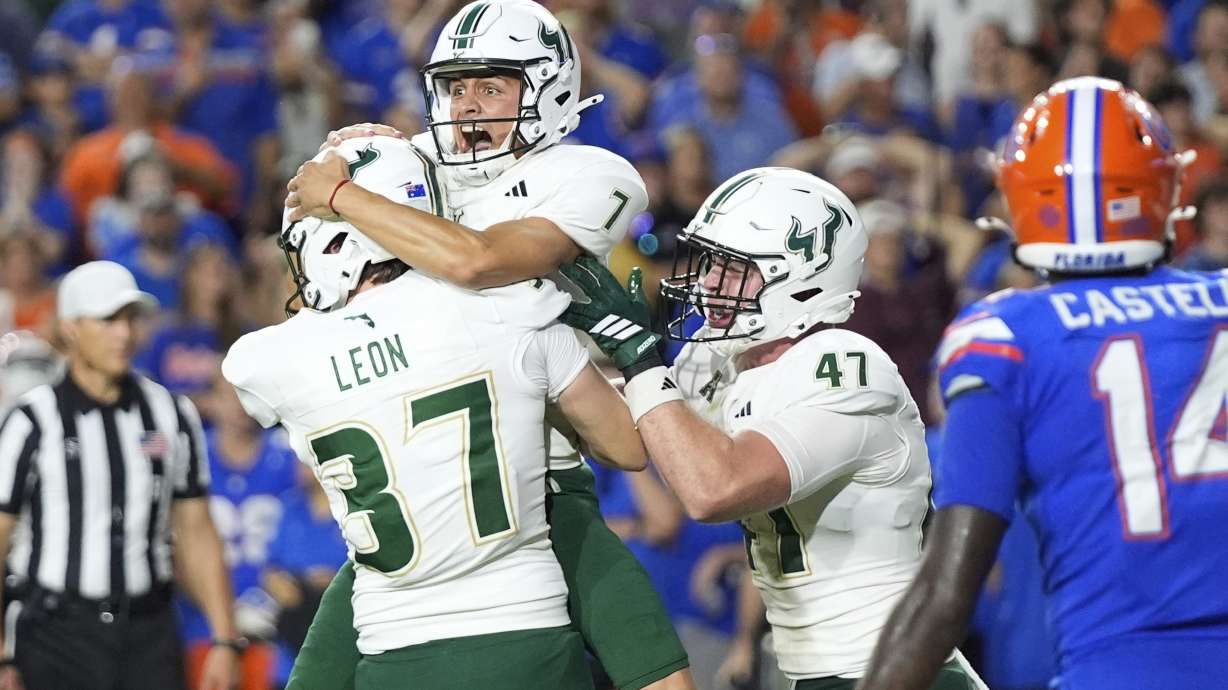 South Florida place kicker Nico Gramatica celebrates his game winning 19-yard field goal against Florida as time expired on the clock in an NCAA college football game, Saturday, Sept. 6, 2025, in Gainesville, Fla.