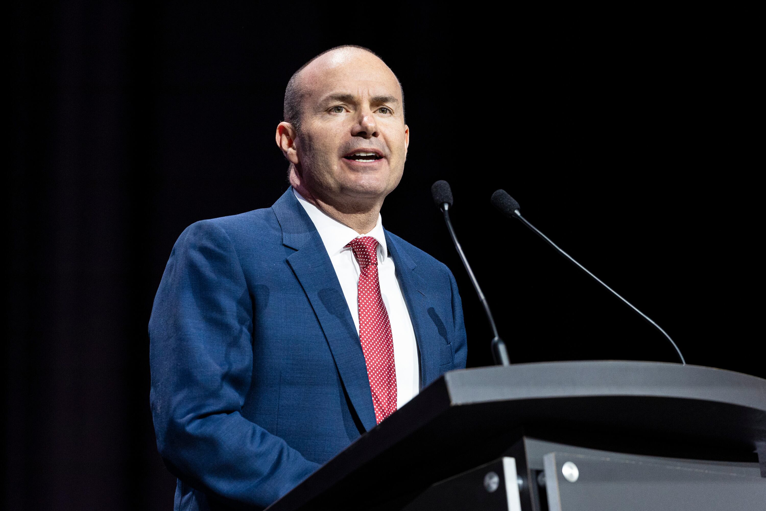 Sen. Mike Lee speaks at the UCCU Center in Orem on May 17. Lee once again called for an end to mail-in voting because of what he claimed was "cozy arrangements" made by postal unions endorsing political candidates.