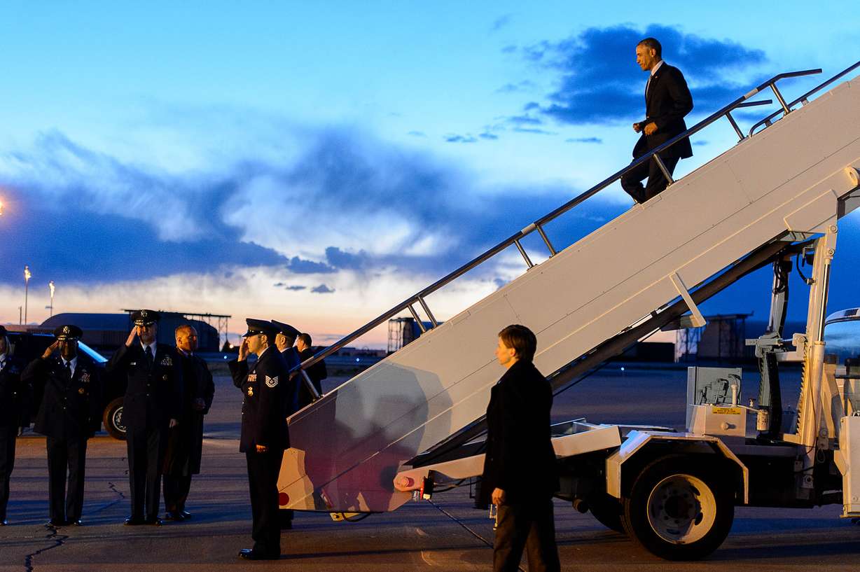 U.S. President Barack Obama exits Air Force One after landing at Hill Air Force Base, April 2, 2015.