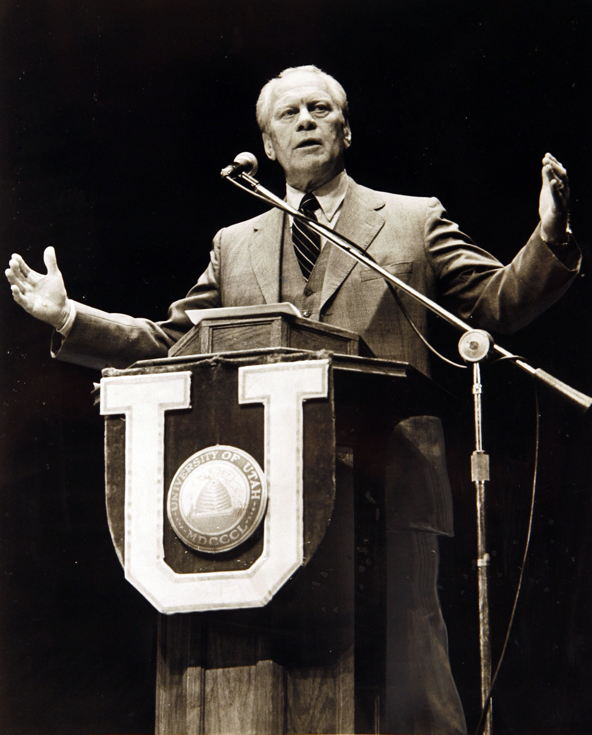 Former President Gerald Ford speaks at the University of Utah in 1982.