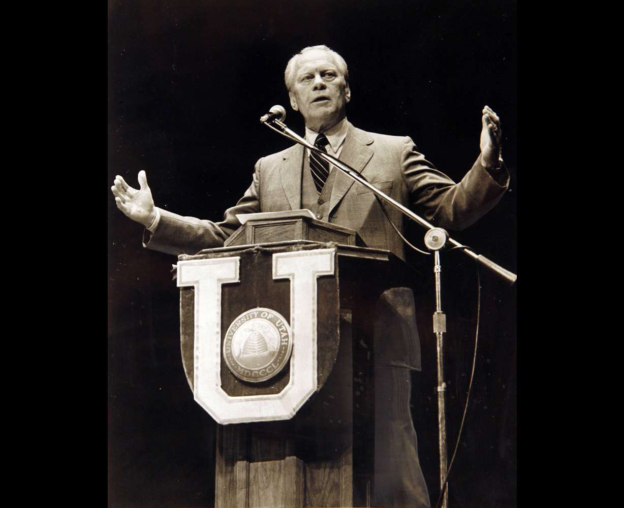 Former President Gerald Ford speaks at the University of Utah in 1982.