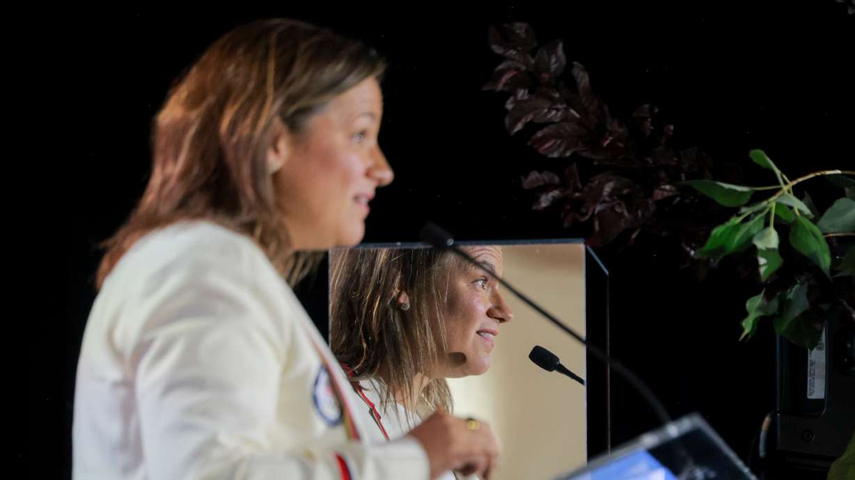 Catherine Raney Norman speaks during a press conference at the City Centre Building in Salt Lake City on Monday. Raney Norman called the initial money raised for the 2034 Winter Olympics crucial to getting kids involved in sports.