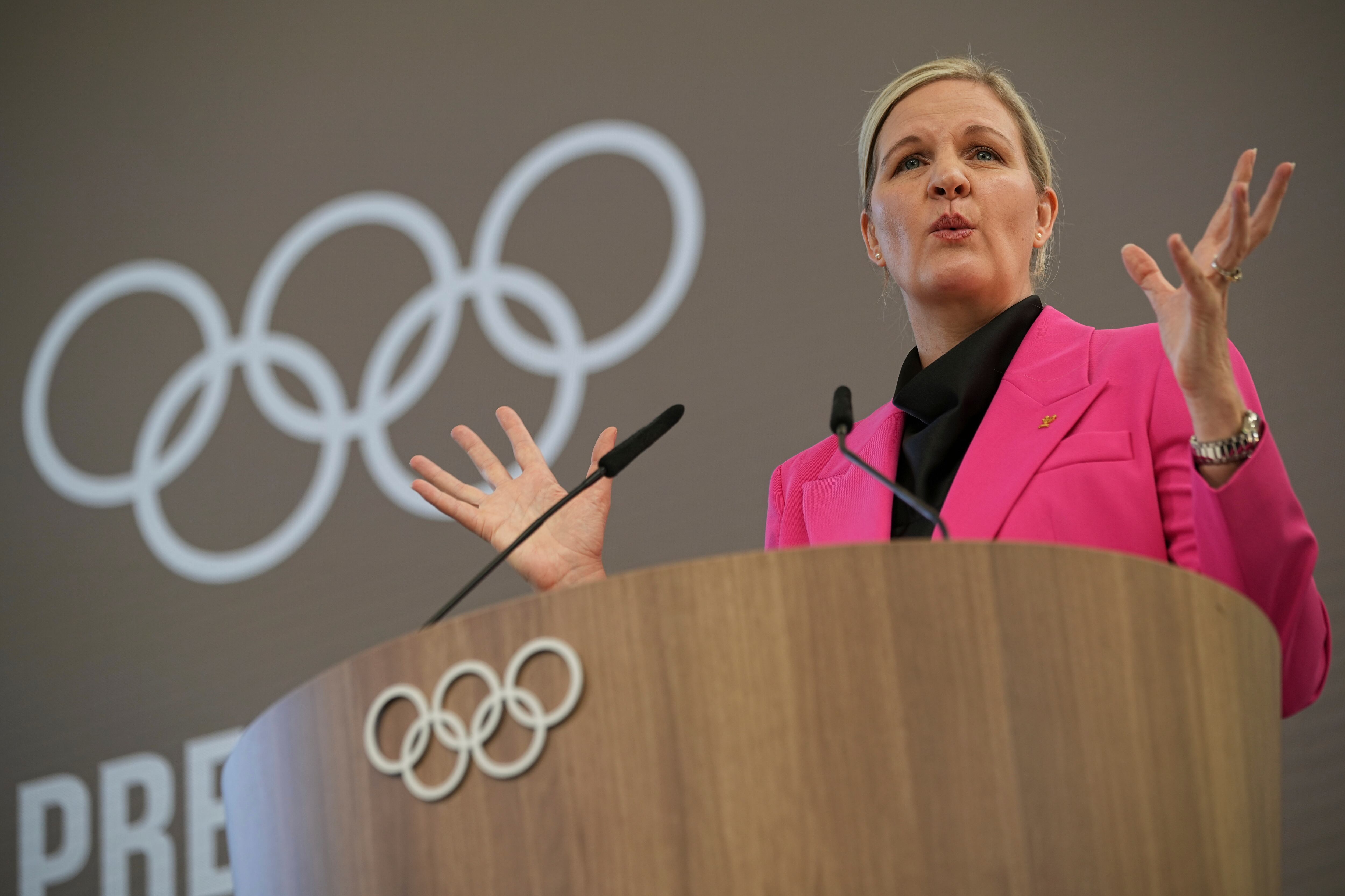 Kirsty Coventry speaks during the handover ceremony of the IOC Presidency at the Olympic House in Lausanne, Switzerland, on June 23. Coventry lauded the organizing committee for investing in youth sports ahead of Utah's next Winter Olympics.