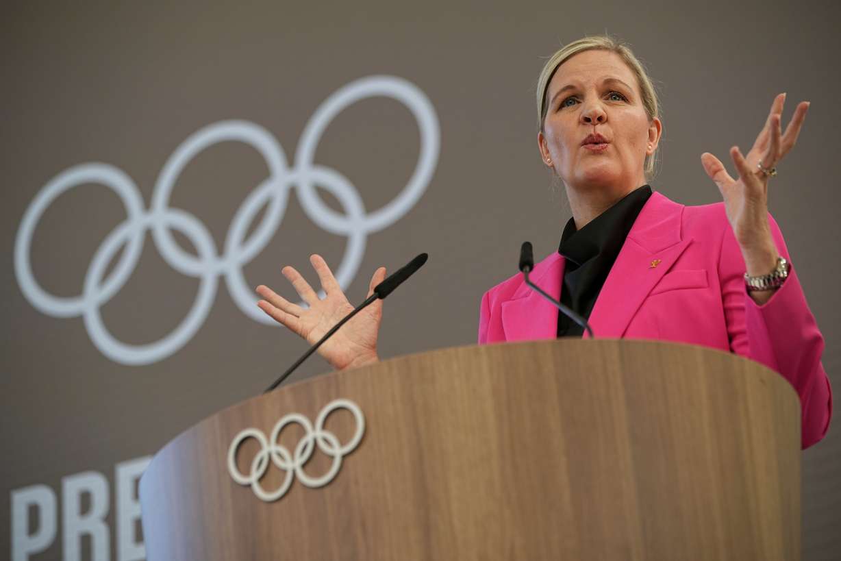 Kirsty Coventry speaks during the handover ceremony of the IOC Presidency at the Olympic House in Lausanne, Switzerland, on June 23. Coventry lauded the organizing committee for investing in youth sports ahead of Utah's next Winter Olympics.