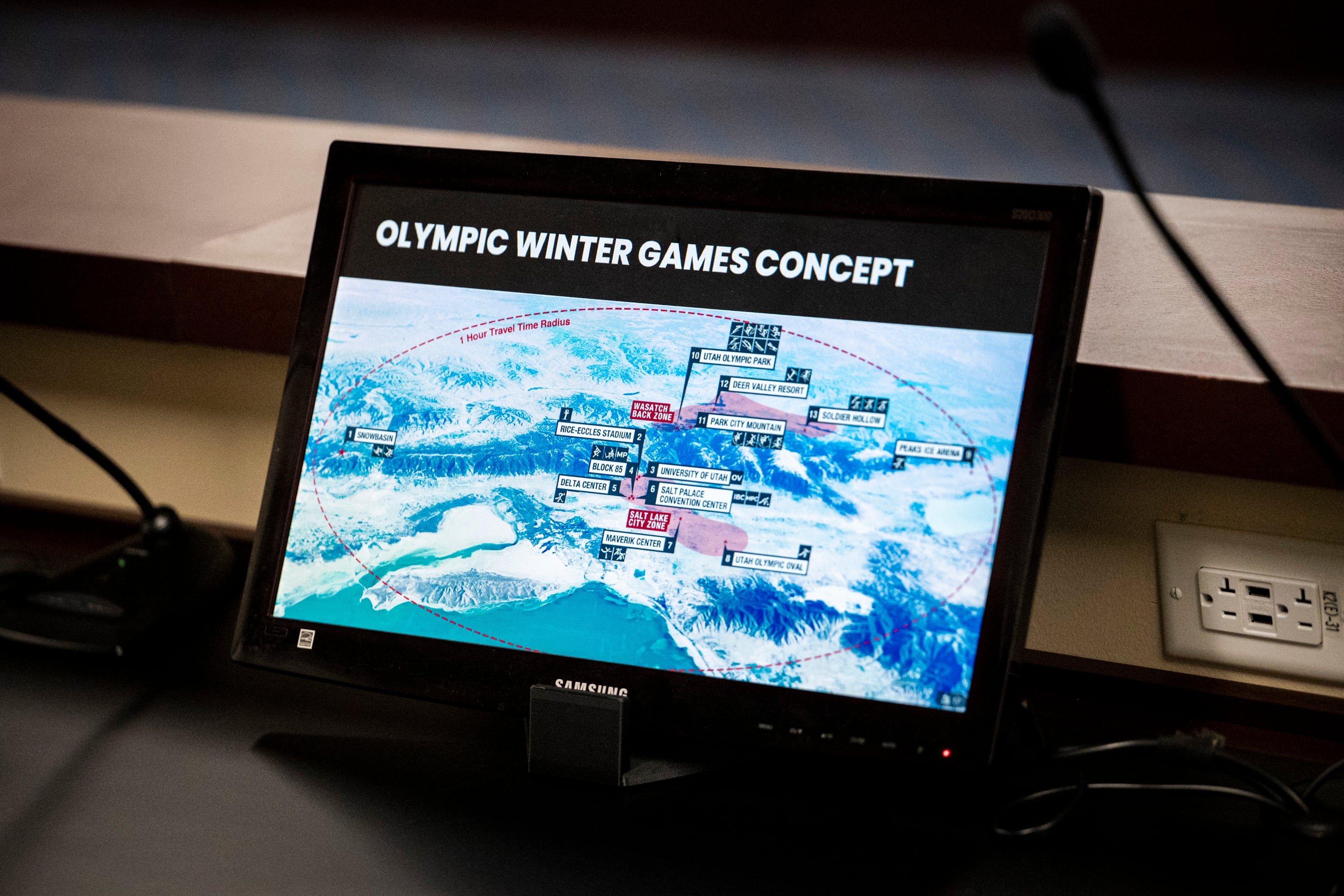 A concept is shown during a committee meeting in the Senate Building of the Capitol in Salt Lake City on Aug. 14. More than $200 million has been raised so far for the 2034 Games.