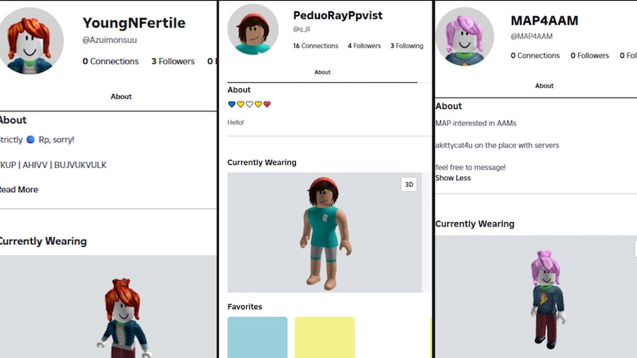 Examples of alleged child predators on Roblox captured by YouTuber Schlep. Schlep was recently banned from the platform.