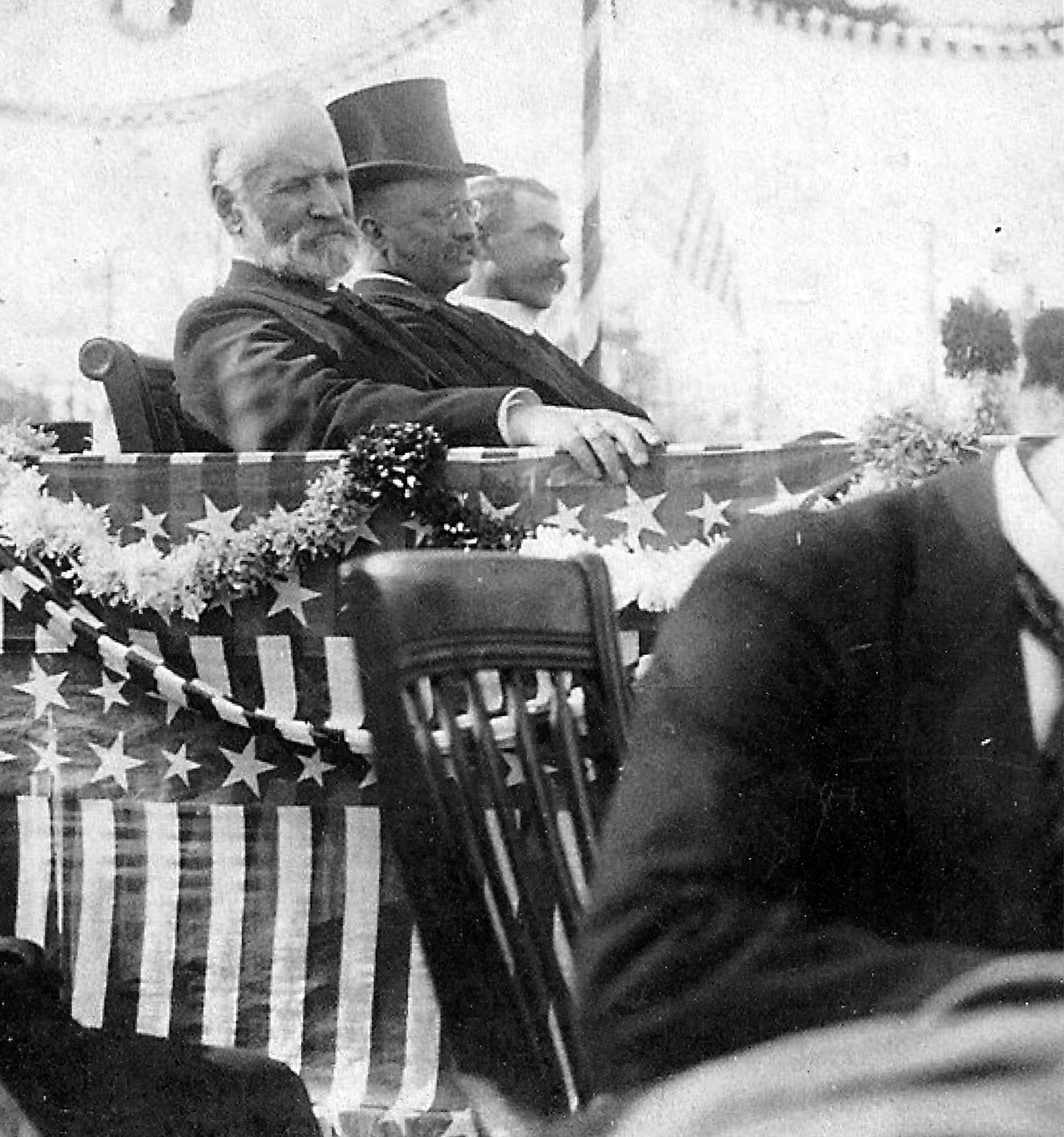 Secretary of the Navy Benjamin Tracy, President Theodore Roosevelt and Sen. Reed Smoot in Ogden on May 29, 1903. Roosevelt defended Smoot to the Senate and the nation when his seating as a senator was questioned.