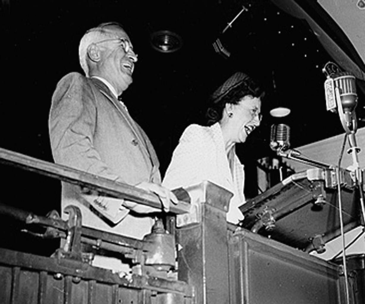 Utah Congresswoman Reva Beck Bosone campaigning with President Harry Truman on the rear of the President's train in 1948 in American Fork.