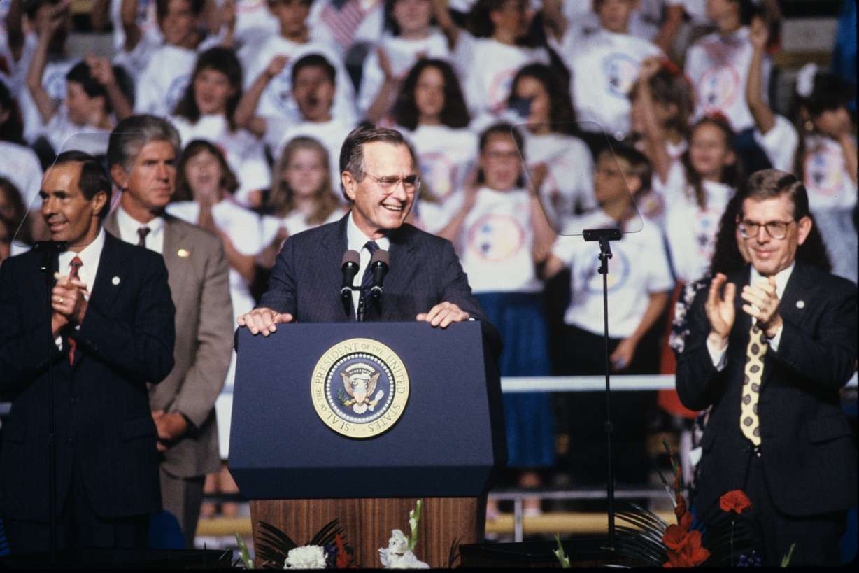 President George H.W. Bush speaks during a visit to Brigham Young University in Provo on July 18, 1992.