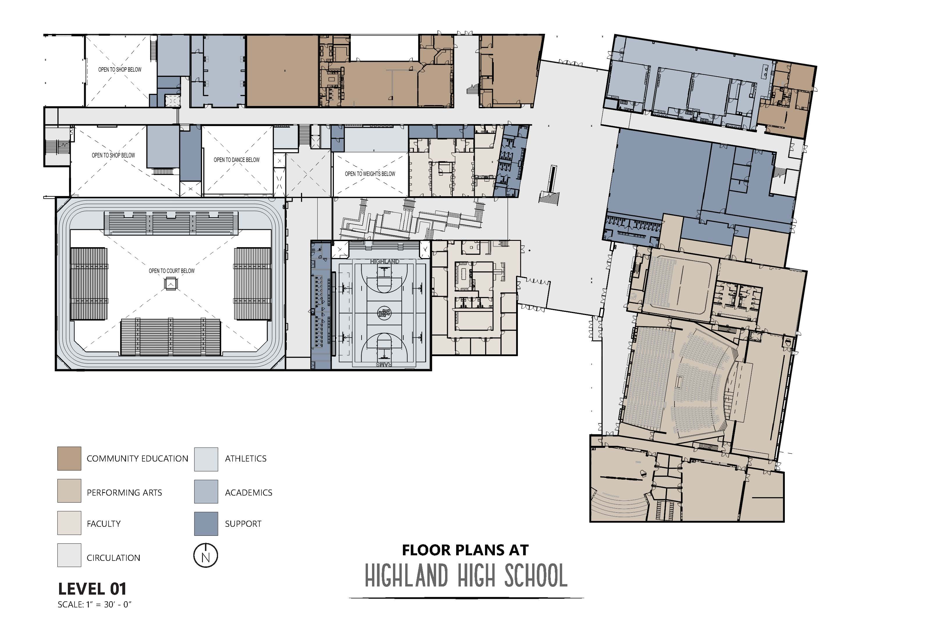 Floor plan for Level 1 of the new Highland High School.