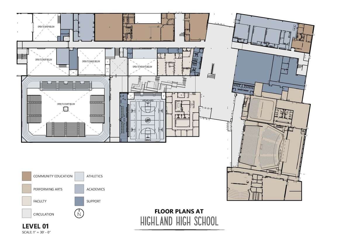 Floor plan for Level 1 of the new Highland High School.