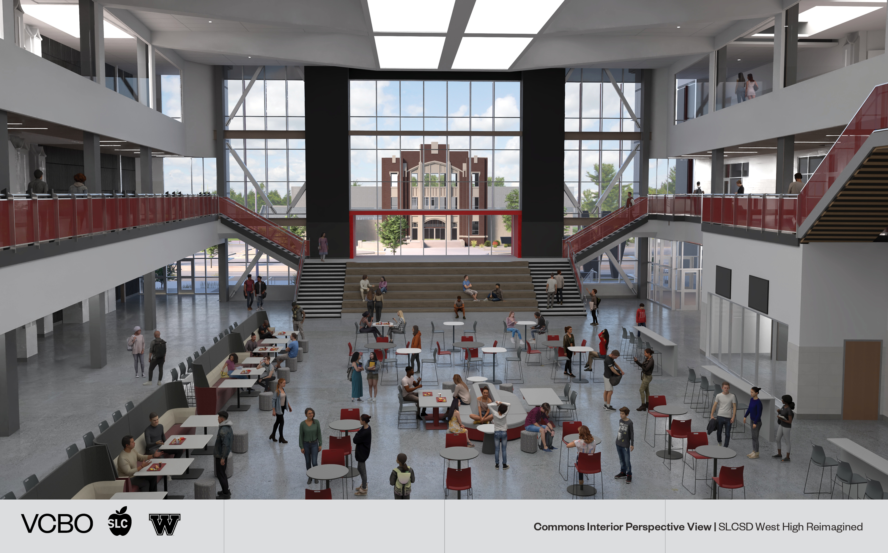 A rendering shows a commons area of the new West High School, with the old facade visible through the windows.