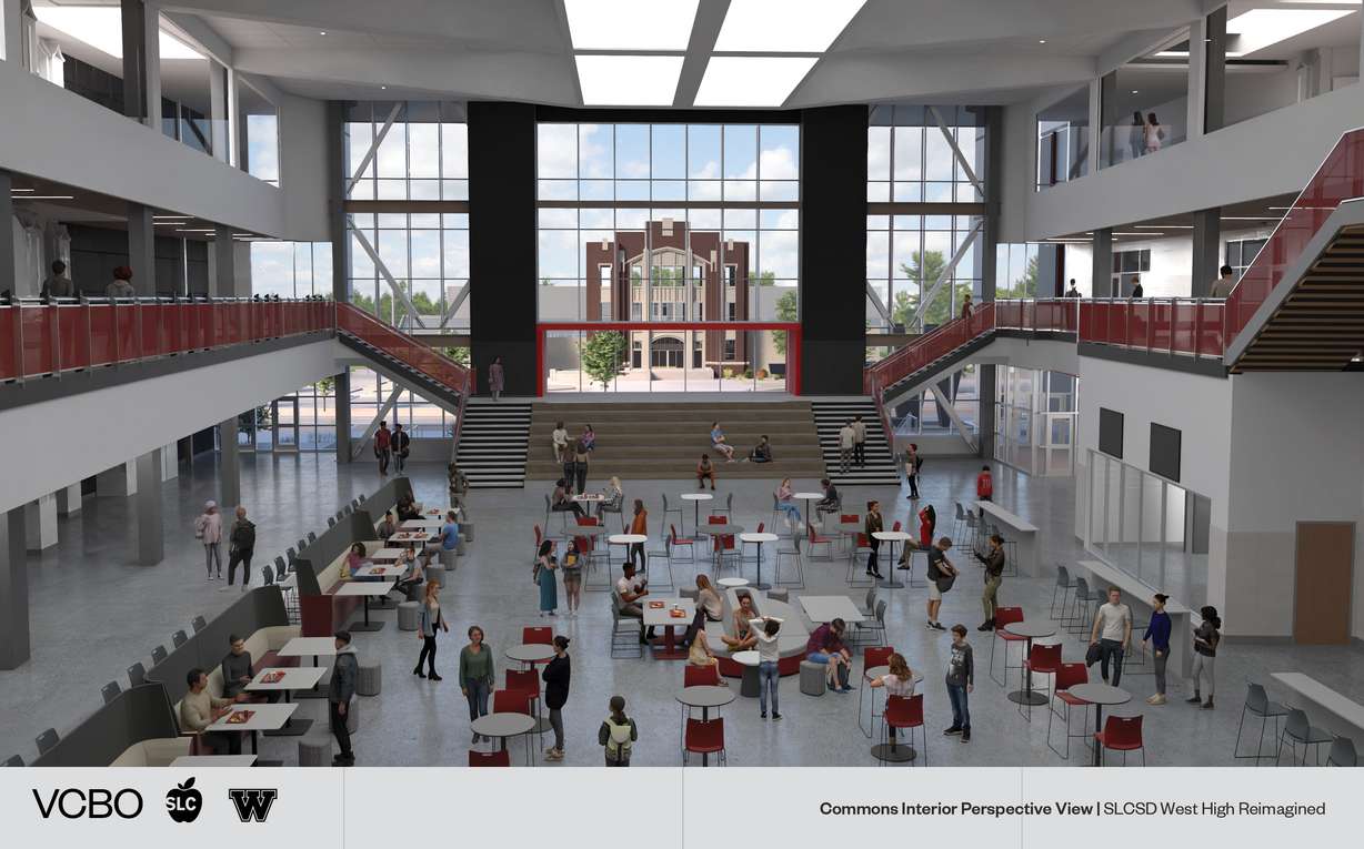 A rendering shows a commons area of the new West High School, with the old facade visible through the windows.