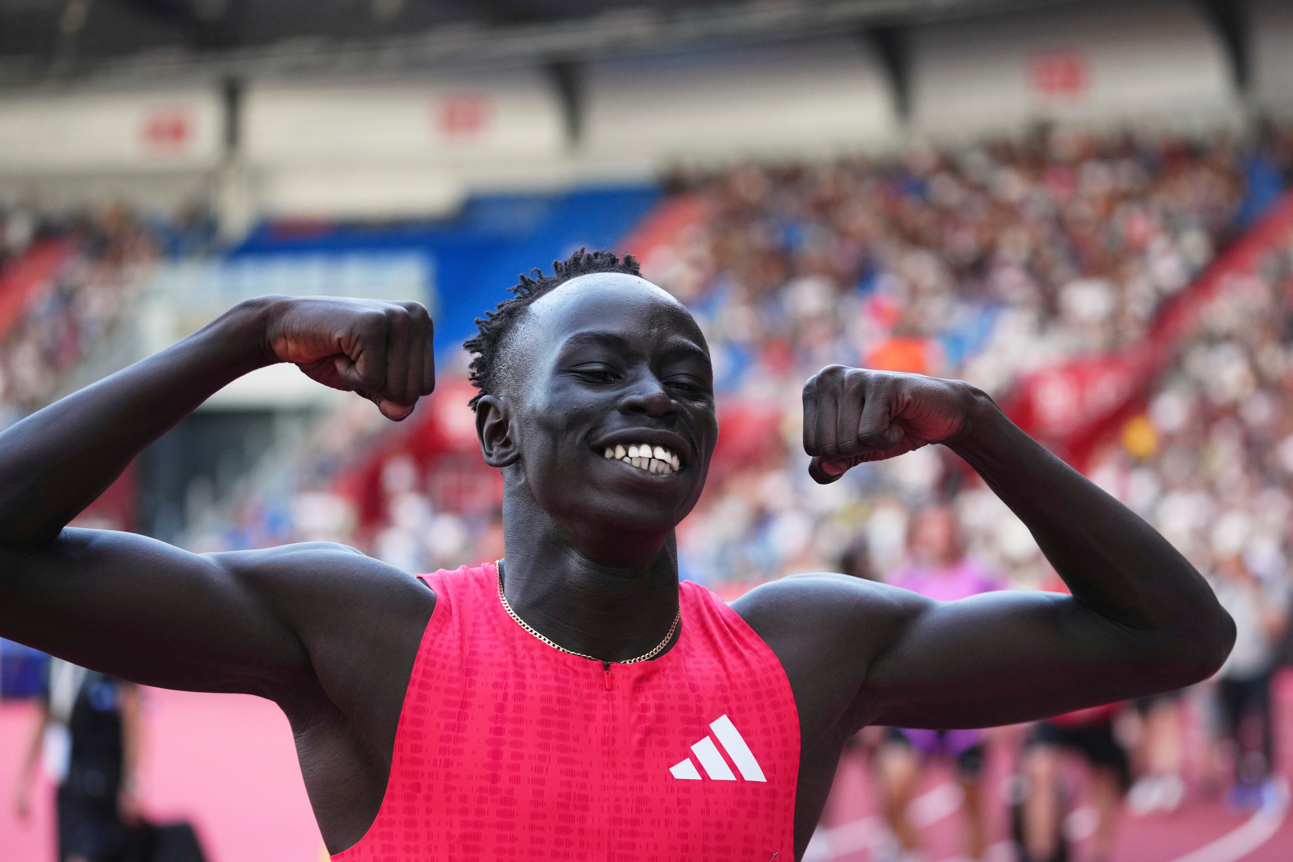 FILE - Gout Gout of Australia, celebrates after winning the men 200 meters during the Ostrava Golden Spike athletics meet in Ostrava, Czech Republic, on June 24, 2025. 
