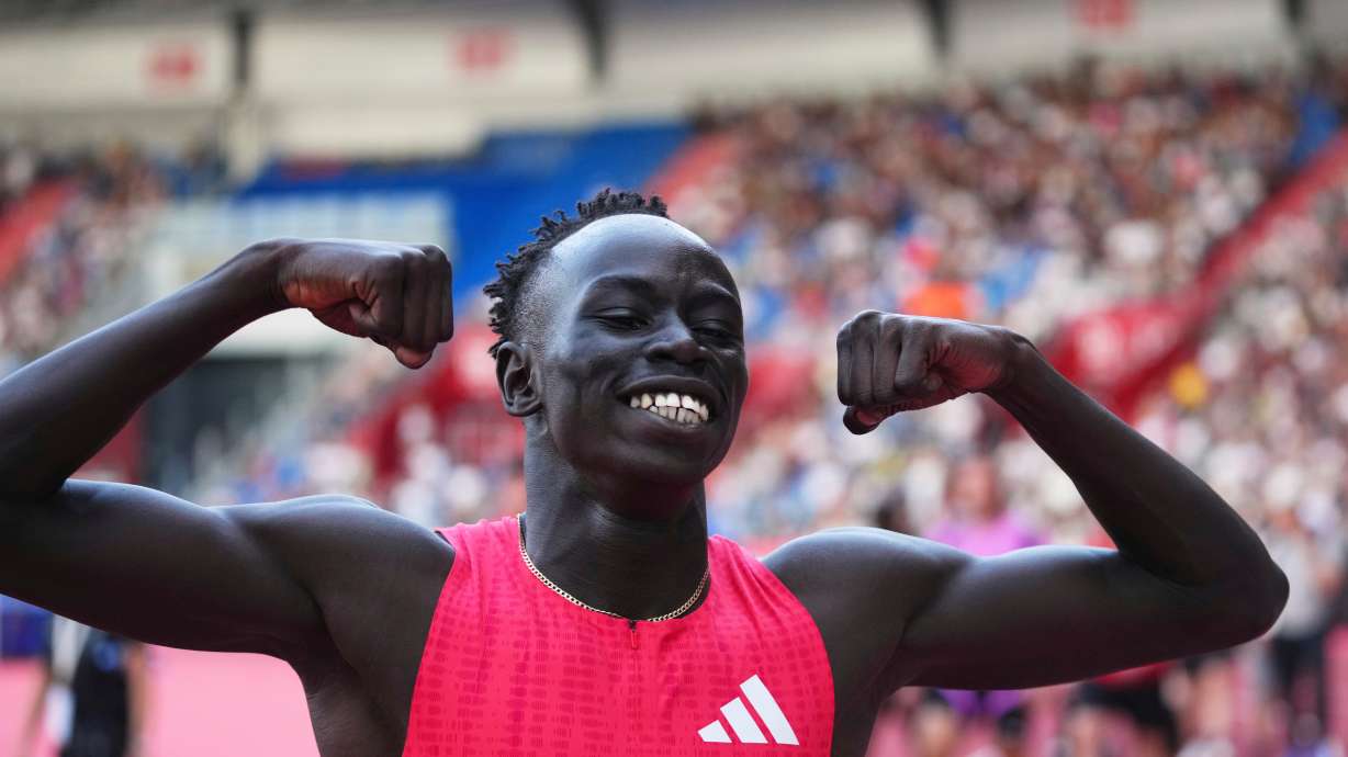 FILE - Gout Gout of Australia, celebrates after winning the men 200 meters during the Ostrava Golden Spike athletics meet in Ostrava, Czech Republic, on June 24, 2025.