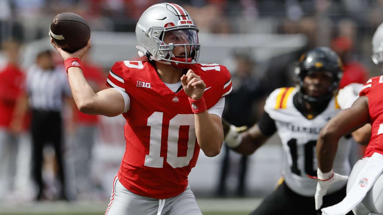 Ohio State quarterback Julian Sayin looks to throw a pass against Grambling State during the first half of an NCAA college football game, Saturday, Sept. 6, 2025, in Columbus, Ohio.