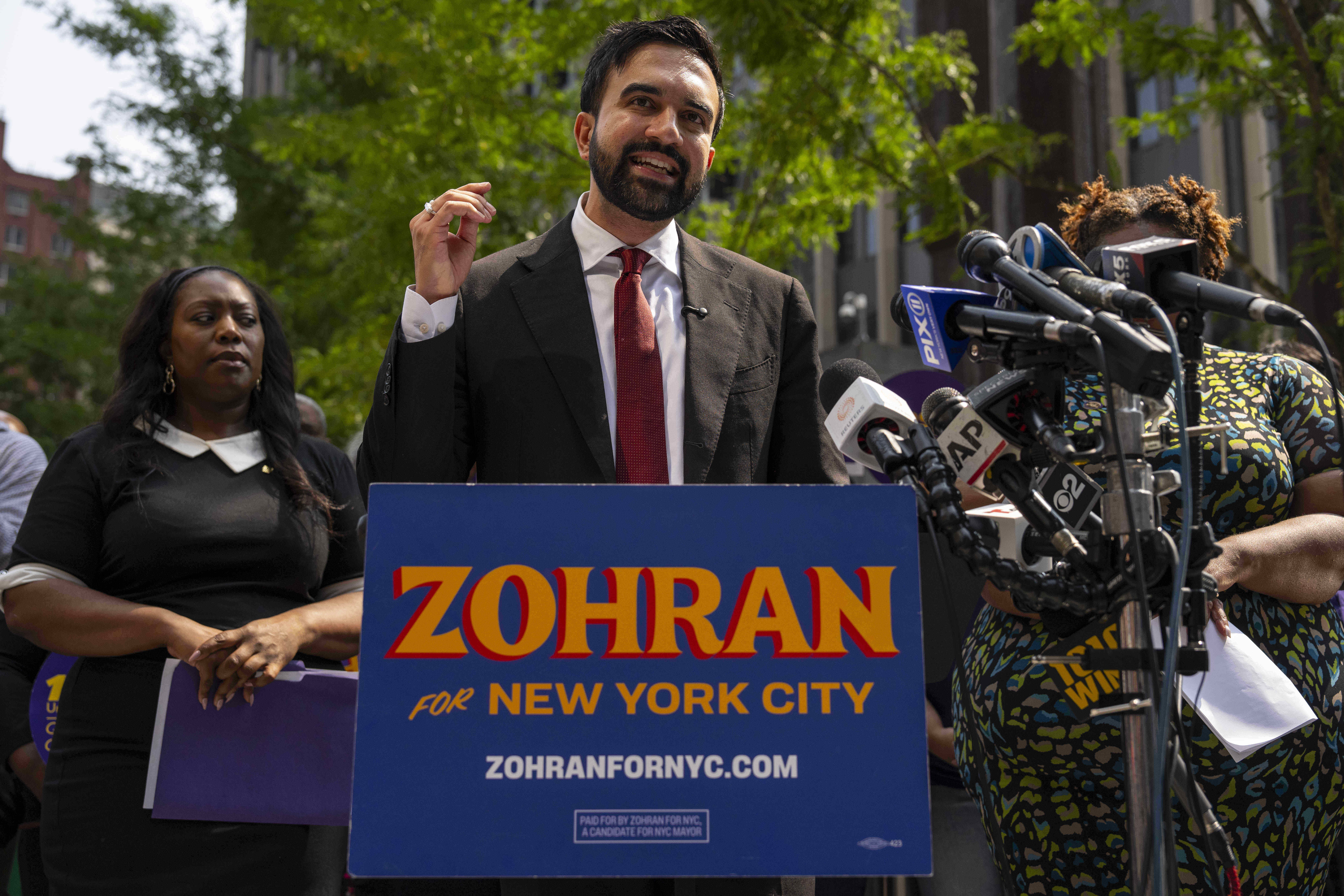FILE - New York City Democratic mayoral candidate Zohran Mamdani speaks during a press conference outside the Jacob K. Javits federal building Thursday, Aug. 7, 2025, in New York. 