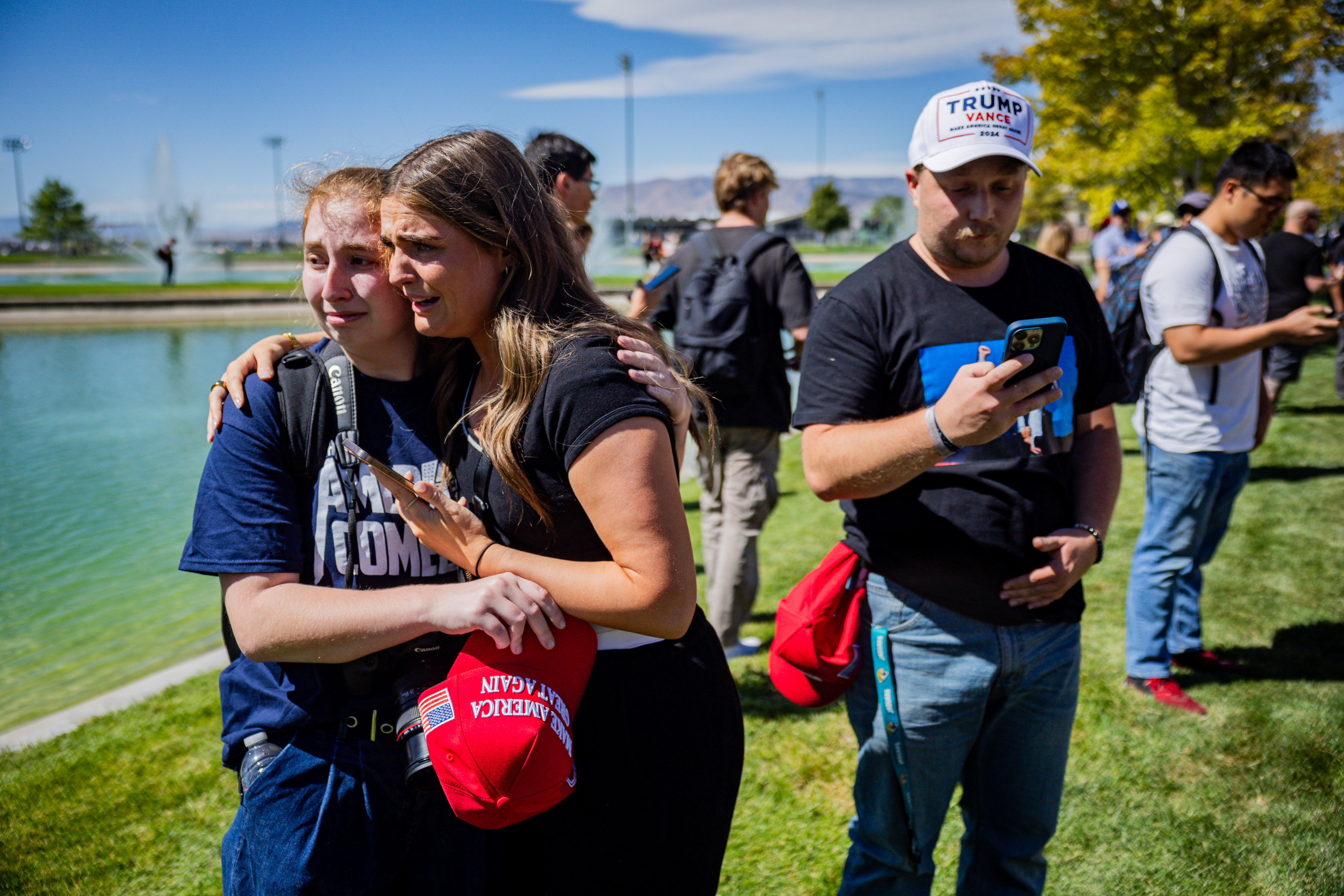 The crowd reacts after Charlie Kirk is shot during Turning Point USA’s visit to Utah Valley University in Orem on Wednesday.