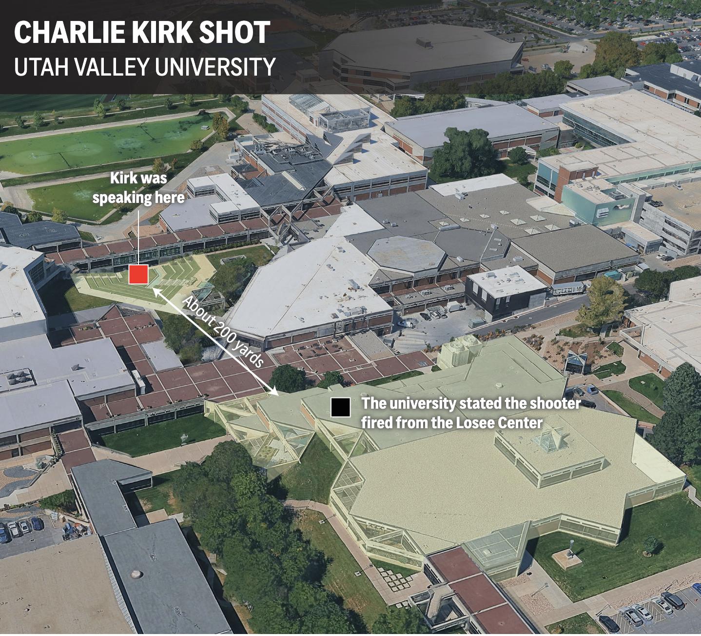 Hình ảnh vụ xả súng của Charlie Kirk tại Đại học Utah Valley hôm thứ Tư. Nhà hoạt động bảo thủ này đã bị bắn vào cổ và tử vong hôm thứ Tư khi đang phát biểu tại UVU.