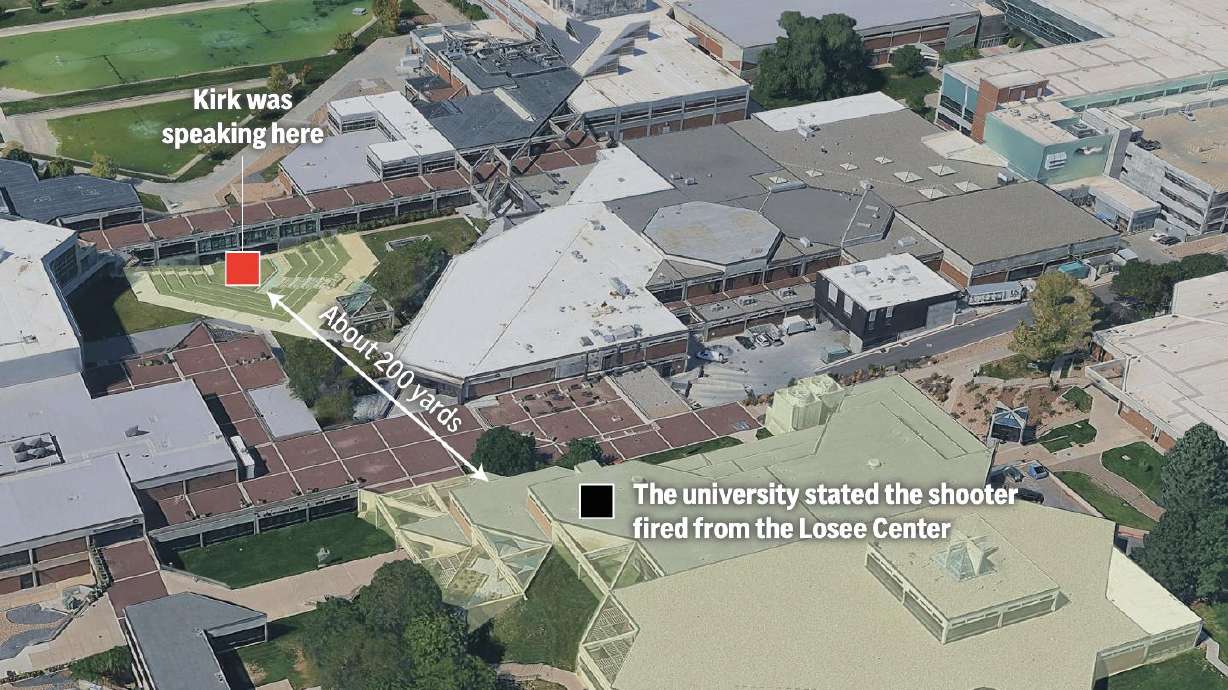 A graphic of the Charlie Kirk shooting at Utah Valley University on Wednesday. The conservative activist was shot in the neck and killed Wednesday while speaking at UVU.