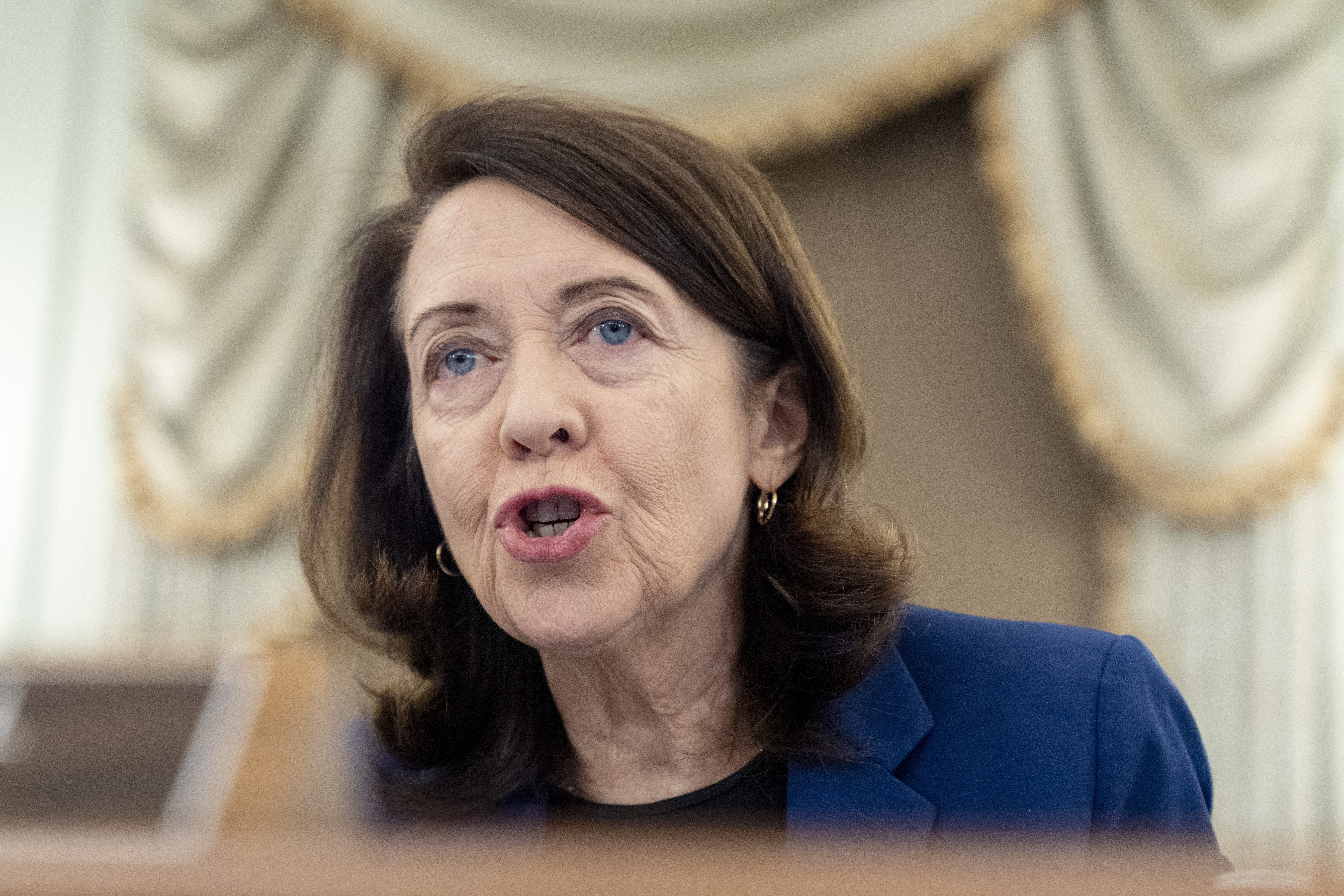 FILE - Senate Commerce, Science, and Transportation Committee Ranking Member Sen. Maria Cantwell, D-Wash., speaks Jan. 28, 2025, in Washington. 