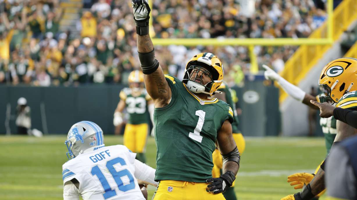 Green Bay Packers defensive end Micah Parsons (1) celebrates sacking Detroit Lions quarterback Jared Goff (16) during the second half of an NFL football game Sunday, Sept. 7, 2025, in Green Bay, Wis.
