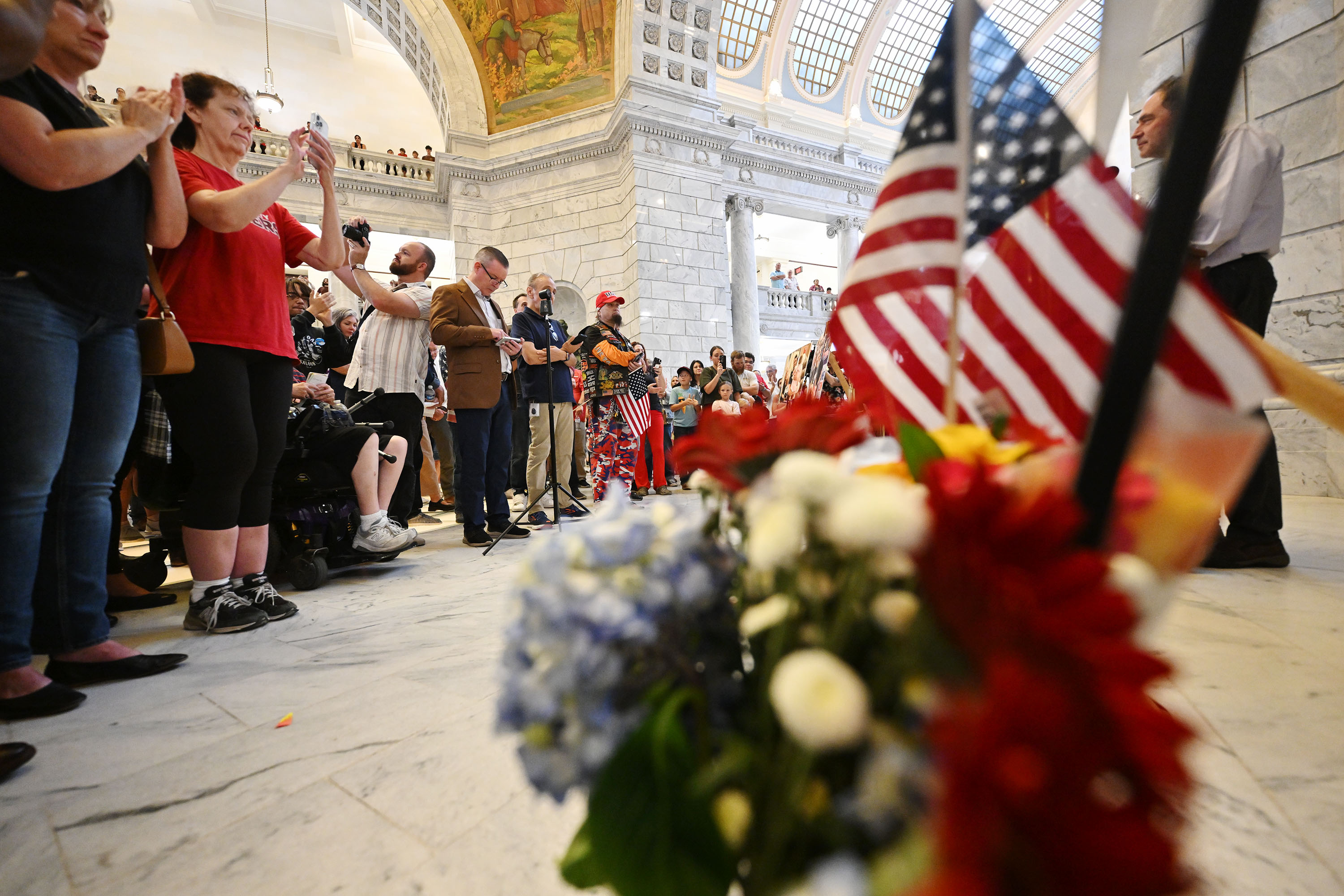 Members of the community gather at the Capitol in Salt Lake City to honor Charlie Kirk after he was shot at an event at Utah Valley University and later died at a local hospital on Wednesday.