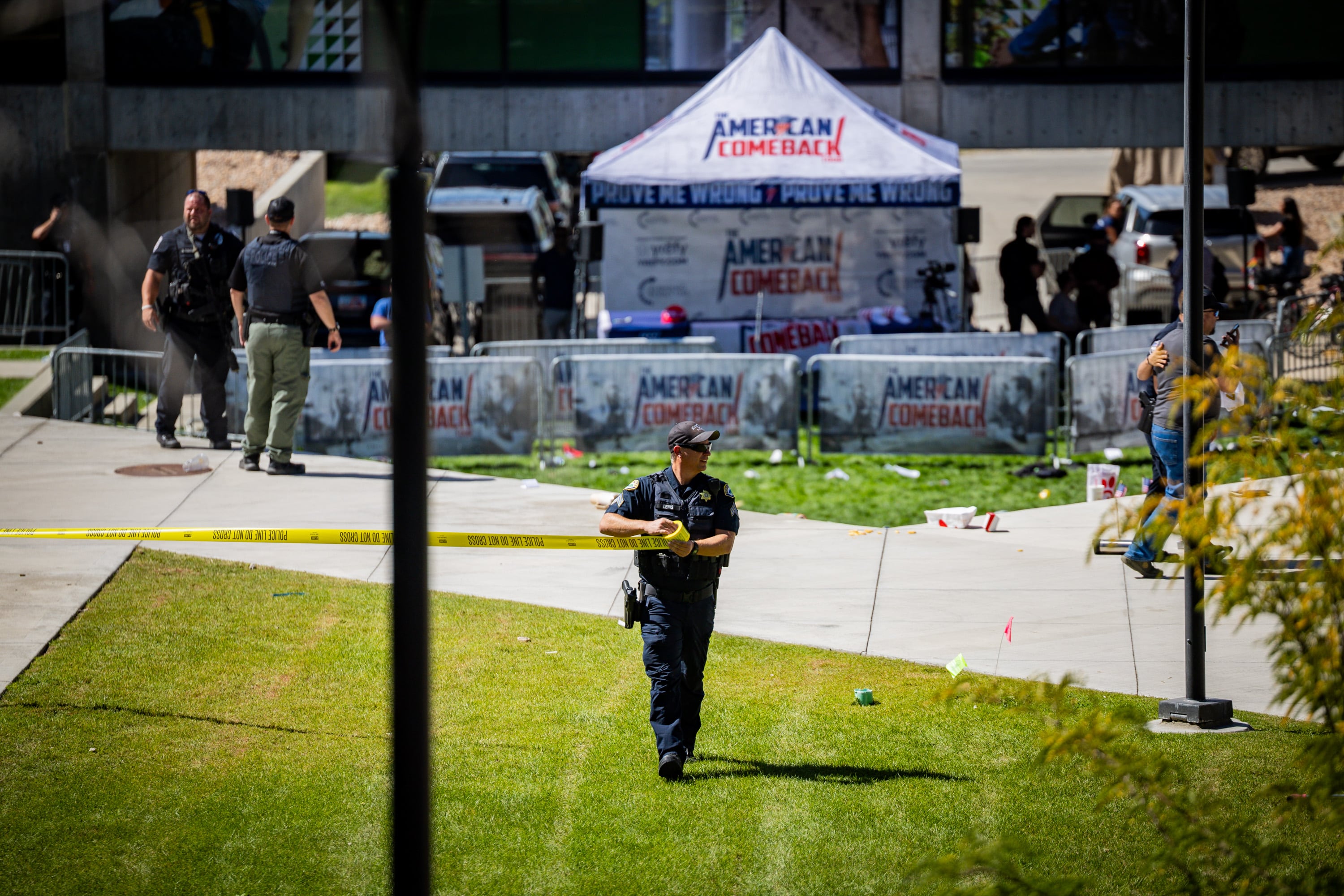 Law enforcement sets up a barricade after Charlie Kirk was shot during Turning Point USA’s visit to Utah Valley University in Orem on Wednesday.