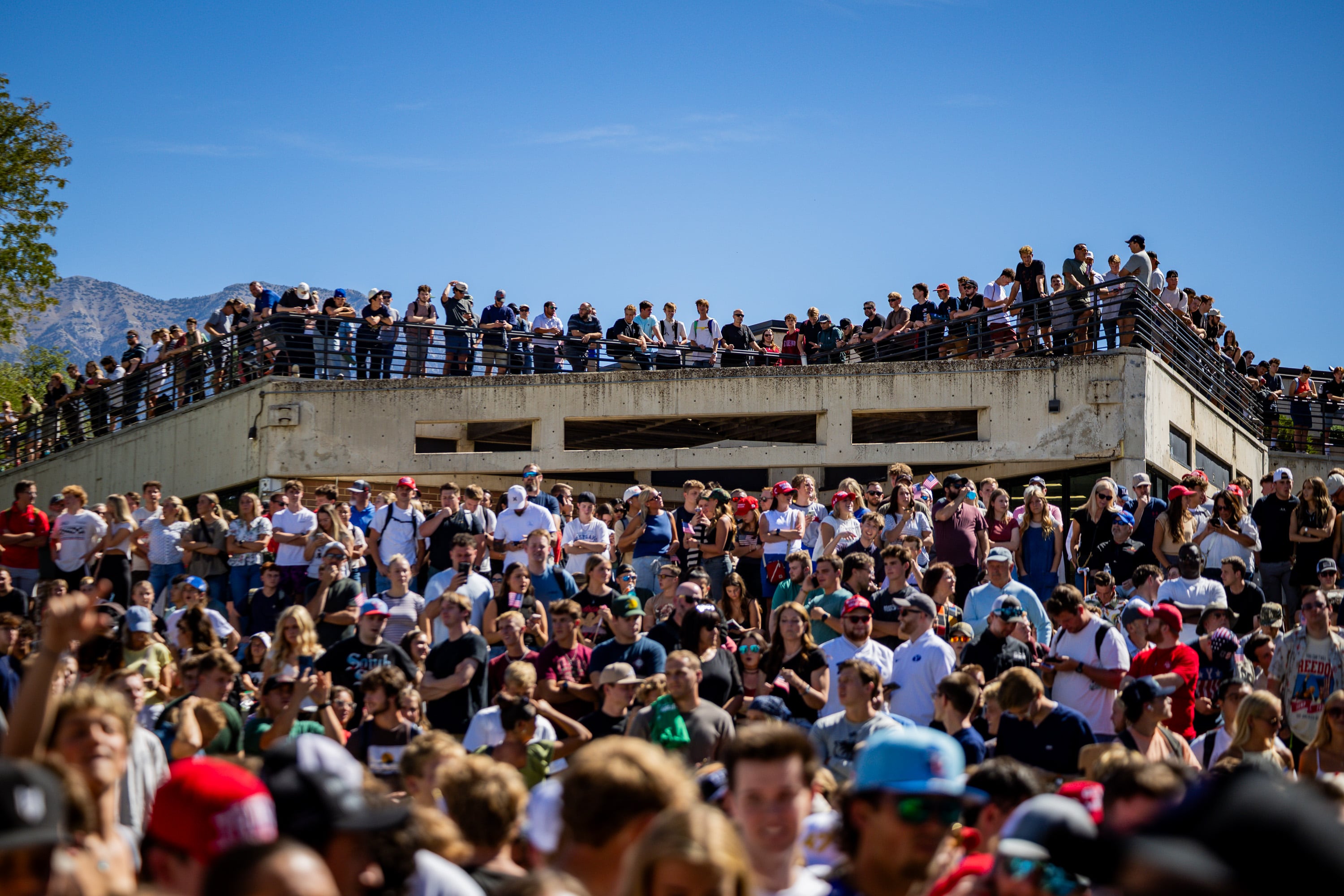 A crowd gathers to listen to Charlie Kirk, the CEO and co-founder of the conservative youth organization Turning Point USA, debate before he is fatally shot during Turning Point USA’s visit to Utah Valley University in Orem on Wednesday.