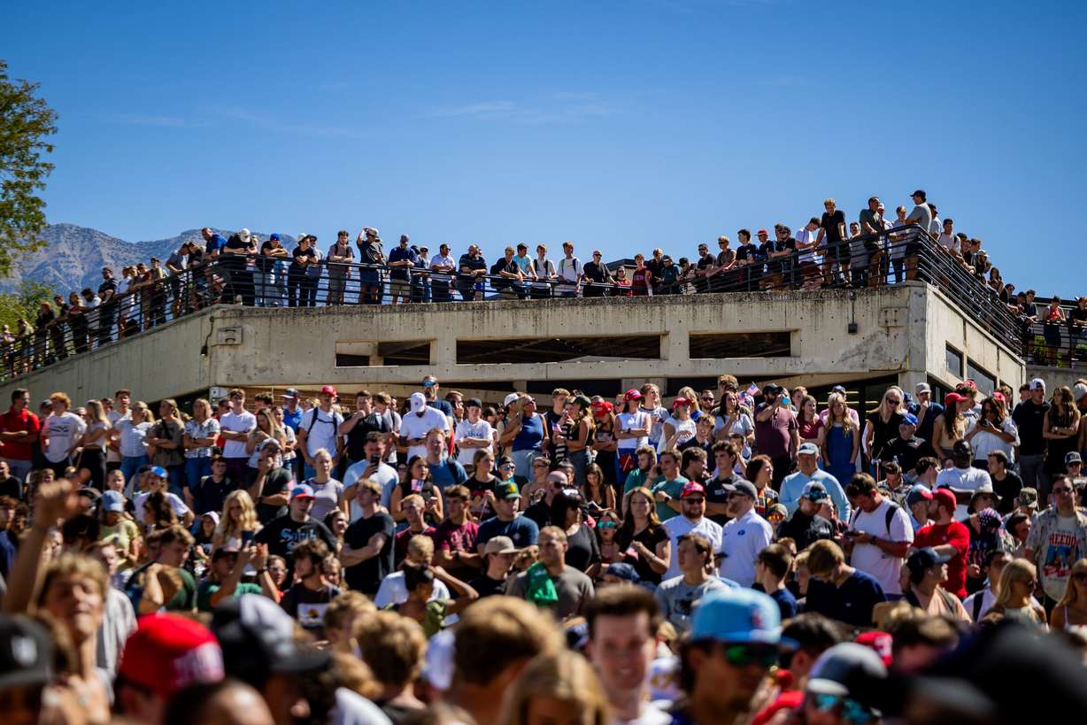 A crowd gathers to listen to Charlie Kirk, the CEO and co-founder of the conservative youth organization Turning Point USA, debate before he is fatally shot during Turning Point USA’s visit to Utah Valley University in Orem on Wednesday.