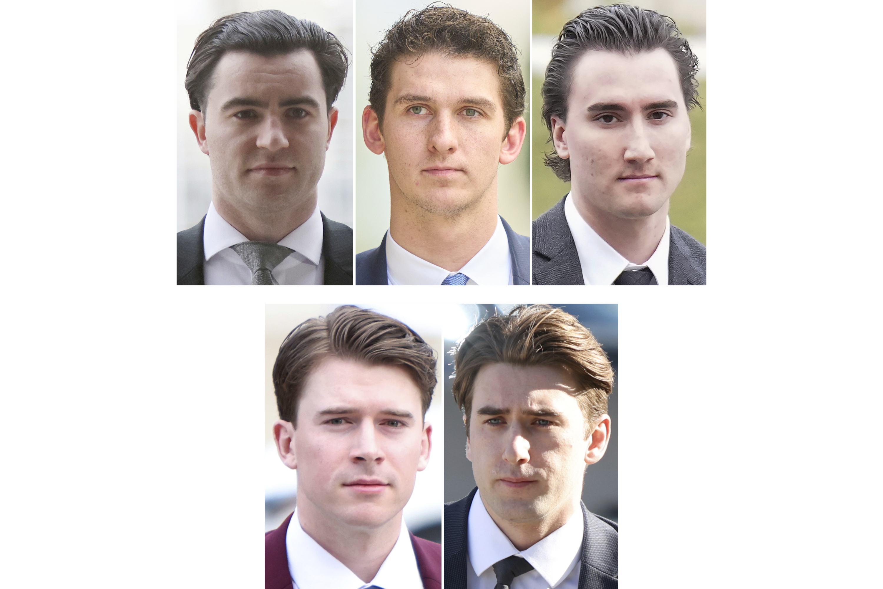 FILE - This combo of 2025 file photos taken in London, Ontario, shows, from top left, Dillon Dube, Cal Foote, Alex Formenton, and from bottom left, Carter Hart, and Michael McLeod, five hockey players acquitted of sexual assault charges stemming from an incident in 2018.