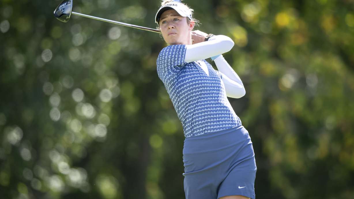 Nelly Korda drives the ball on the eighth hole during the first round of the Kroger Queen City Championship golf tournament, Thursday, Sept. 11, 2025, at TPC River's Bend in Cincinnati.