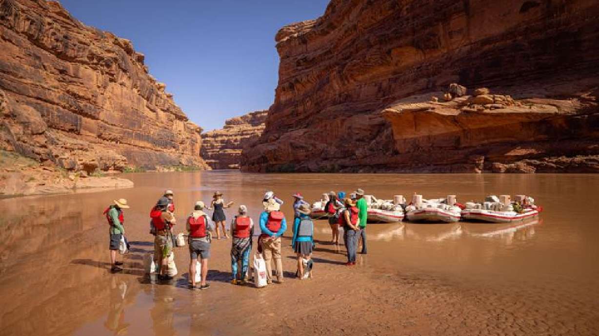 A group of rafters is briefed before running the San Juan River, a tributary of the Colorado River. Southern Utah recreational businesses are feeling the pinch created by the Colorado River's low water levels.
