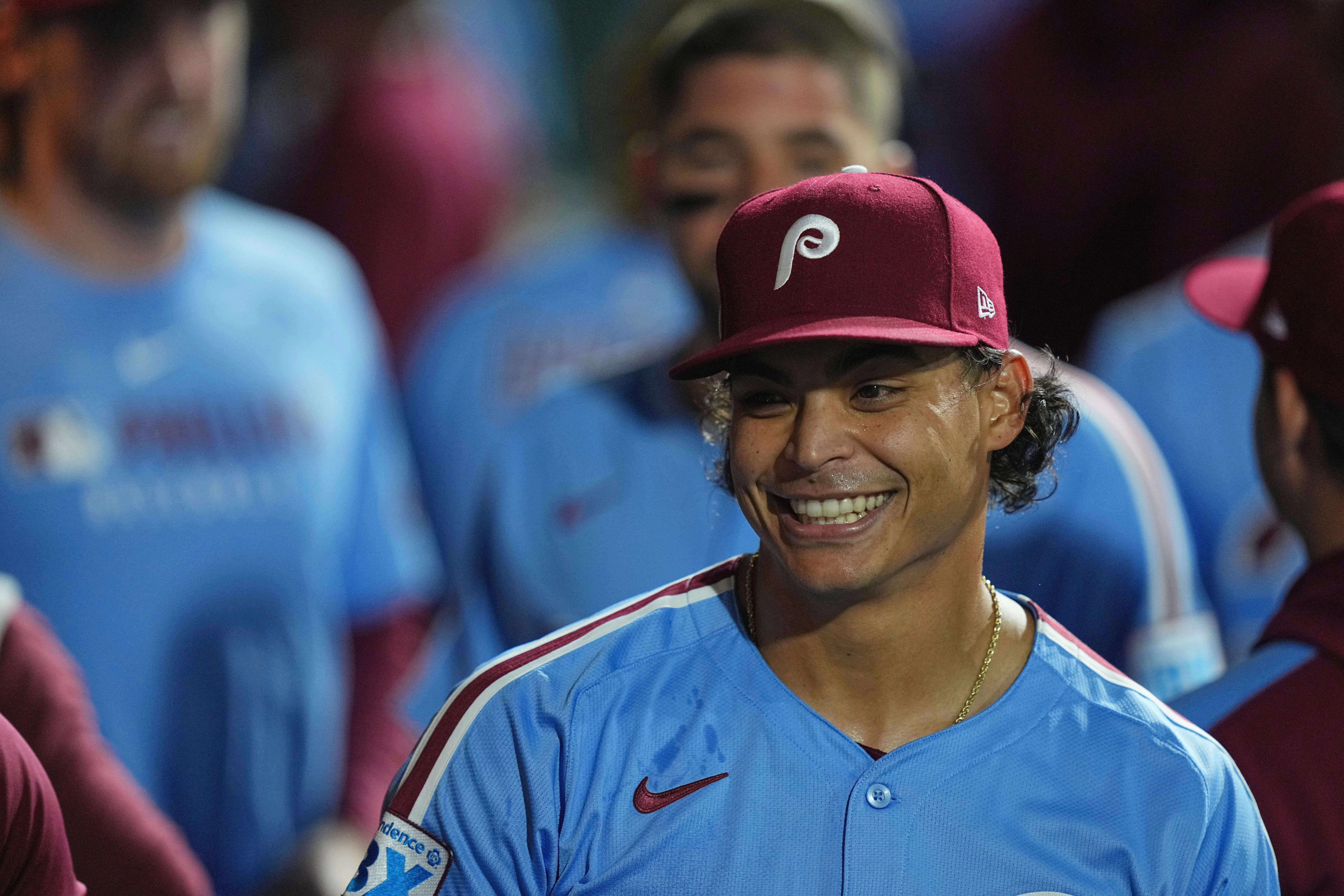Philadelphia Phillies pitcher Jesús Luzardo celebrates after completing the eighth inning of a baseball game against the New York Mets, Thursday, Sept. 11, 2025, in Philadelphia.