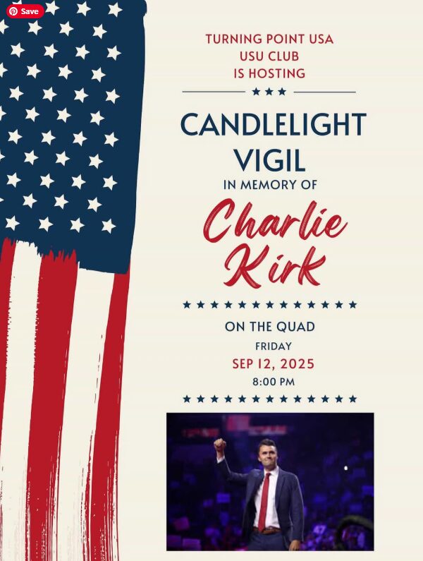 A flyer promoting a candlelight vigil for Charlie Kirk, who was shot and killed at an event at Utah Valley University.
