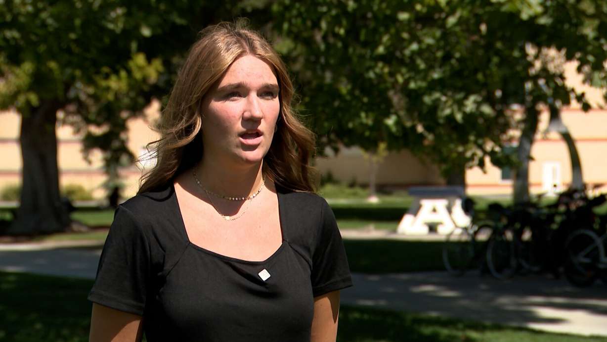 Kaitlin Griffiths, Turning Point USA chapter president at Utah State University, speaks with KSL-TV on Thursday. Griffiths expressed devastation at the recent shooting death of Charlie Kirk.