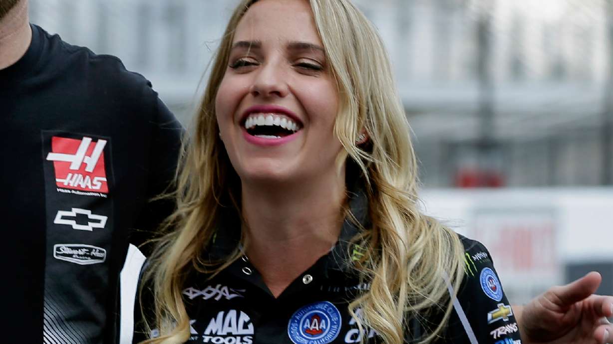 FILE - NHRA drag racer Brittany Force is photographed at Charlotte Motor Speedway's ZMax Dragway in Concord, N.C., during a news conference Wednesday, Sept. 7, 2016.
