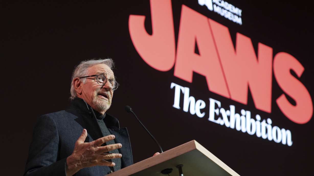 Steven Spielberg, director of the 1975 film "Jaws," addresses the audience during the "Jaws: The Exhibition" press preview on Wednesday, at the Academy Museum of Motion Pictures in Los Angeles.