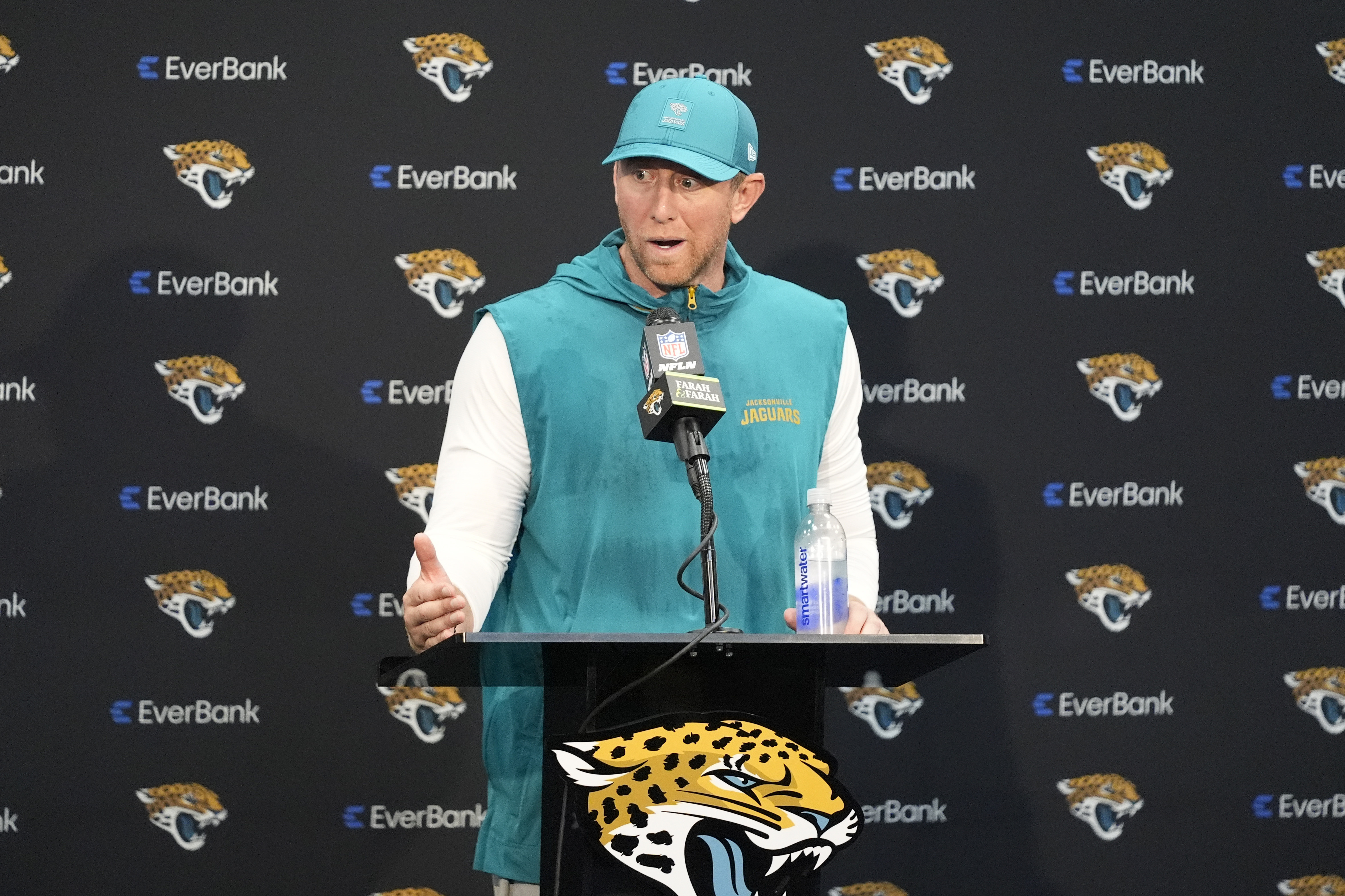 Jacksonville Jaguars head coach Liam Coen speaks at a news conference after an NFL football game against the Carolina Panthers, Sunday, Sept. 7, 2025, in Jacksonville, Fla. 