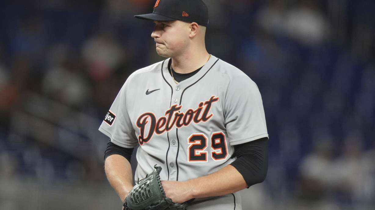Detroit Tigers starting pitcher Tarik Skubal (29) stands on the mound after giving up a home run and a double during the second inning of a baseball game against the Miami Marlins, Friday, Sept. 12, 2025, in Miami.